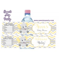 Yellow and grey elephant baby shower water bottle labels,(006ebs)